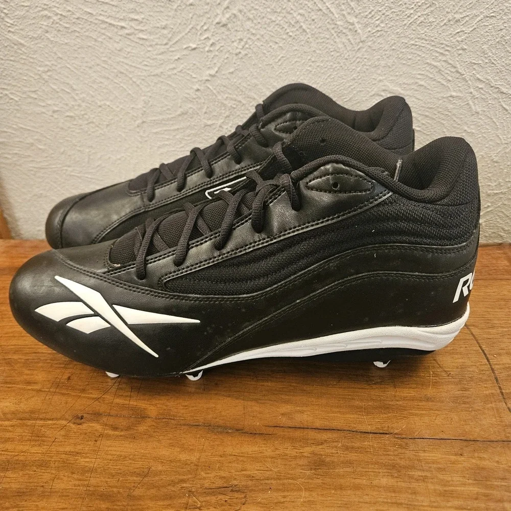 Reebok RBK Mens Size 14 Audible‎ Mid D Black White Football Cleats Shoes Logo